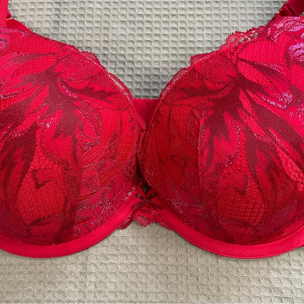 New Cacique Boost Plunge Bra 46C Red Lace Overlay Underwire Modern - Picture 5 of 8
